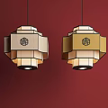 Traditional Chinese Style Octagonal Chandeliers With Beige Gold Finish And Fu Motif On Red Wall