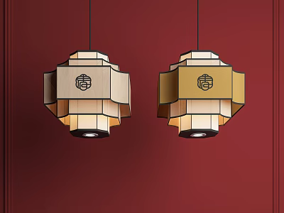 Traditional Chinese Style Octagonal Chandeliers With Beige Gold Finish And Fu Motif On Red Wall 3d model