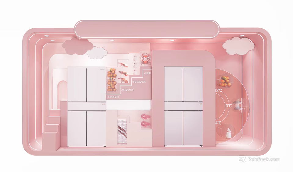 Pink Cartoon Scene With Cloud Decorations Food Items And White Cabinets 3d model 
