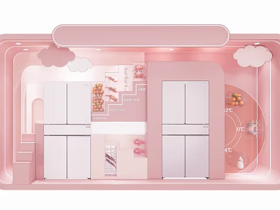 Pink Cartoon Scene With Cloud Decorations Food Items And White Cabinets 3d model