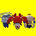 Five Cartoon Characters And Creatures With Various Horns Wings Tails On Yellow Background