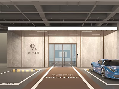 Modern Parking Garage Entrance With Welcome Sign Blue Sports Car And Glass Doors 3d model