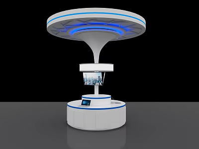 Modern Exhibition Island With White Structure Circular Top Blue LED Strips And Base Touchscreen 3d model