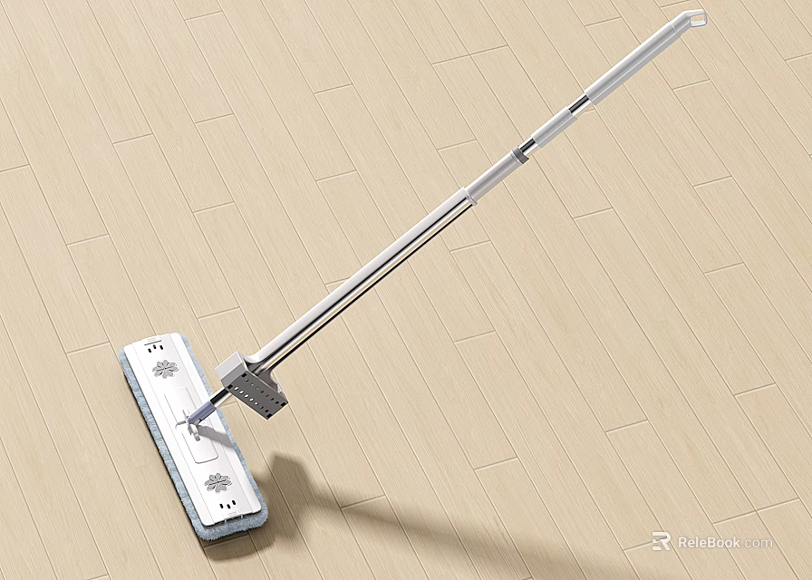 White Long Handle Mop Cleaning Light Colored Wooden Floor Surface 3d model 