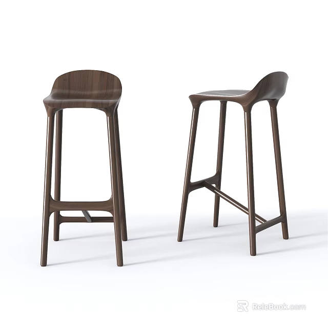 Modern Minimalist Walnut Wood Bar Stools With Curved Backrest And Sturdy Tall Legs 3d model 