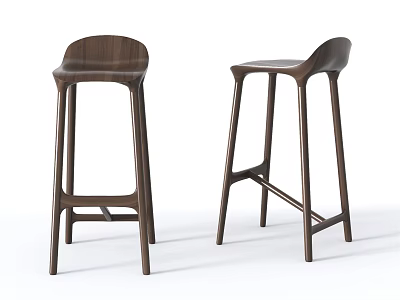 Modern Minimalist Walnut Wood Bar Stools With Curved Backrest And Sturdy Tall Legs 3d model