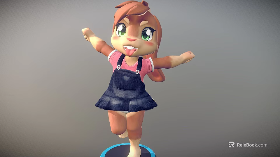 Cartoon Woman With Brown Hair Green Eyes Pink Top And Dark Blue Overalls Dress 3d model 