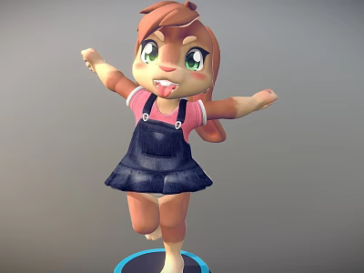 Cartoon Woman With Brown Hair Green Eyes Pink Top And Dark Blue Overalls Dress 3d model