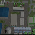 Industrial Plant with Green Storage Tanks Blue Roof White Buildings and Trees
