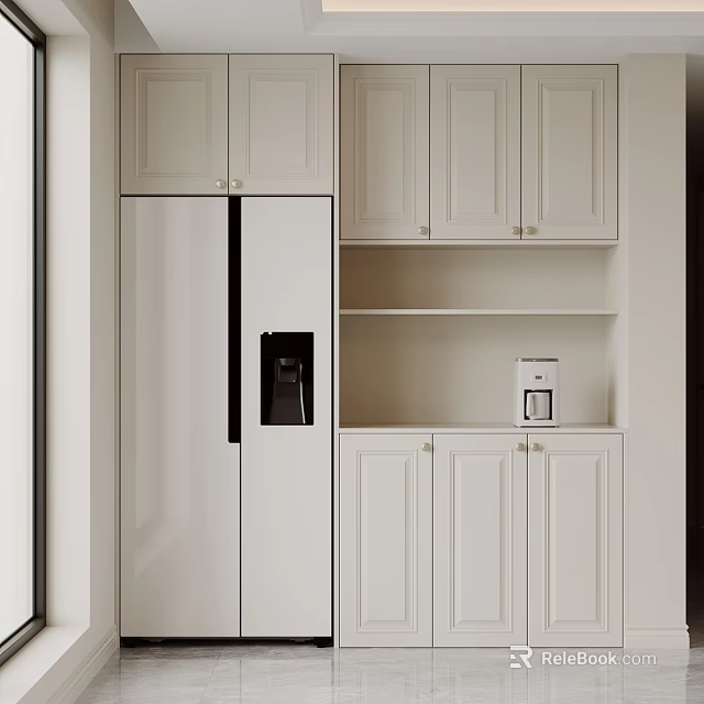 Modern White Kitchen Sideboard With Cabinets Open Shelves Storage Space And Coffee Maker 3d model