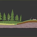 Cartoon Scene With Green Grass Pine Trees Blue Water And Layered Land