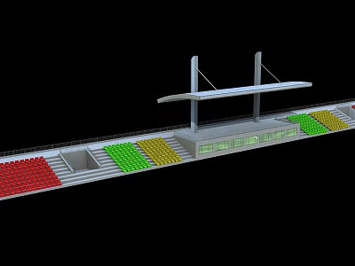 Modern Stadium Stand With Red Green Yellow Seats And White Canopy Structure 3d model