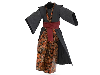 Long Traditional Robe With Black Top Wide Sleeves Red Belt And Orange Black Patterned Skirt 3d model