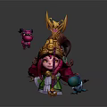 Pink Haired Character With Golden Headdress Holding Golden Staff And Purple Horned Blue Creatures