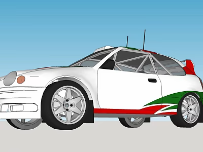 White Rally Car With Green Red Stripes And Roof Antenna Sporty Design 3d model