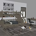 Wooden Bunk Bed with Step Ladder Storage Shelves and Desk Chair in Kids Room