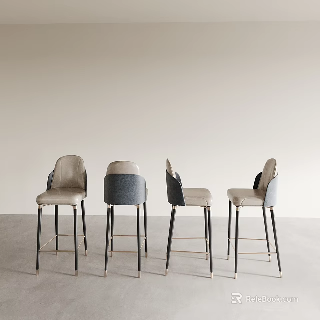 Modern Leather Bar Stools with Metal Legs in Gray and Beige Tones 3d model 