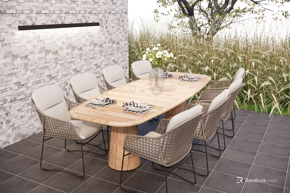 Woven Rattan Outdoor Chairs With Metal Frame For Patio Dining Area Wooden Table Garden Plants 3d model 
