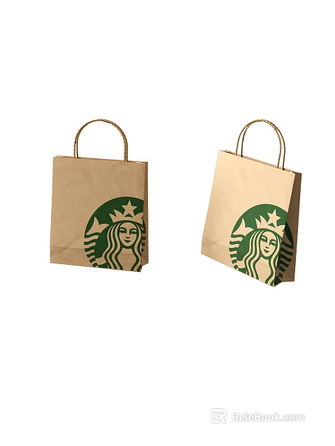 Starbucks Brown Paper Bags With Handle Straps Featuring Green Logo Design 3d model 