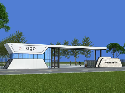 Modern Entrance Gate With Logo Glass Design And Smart Management System Landscaping 3d model