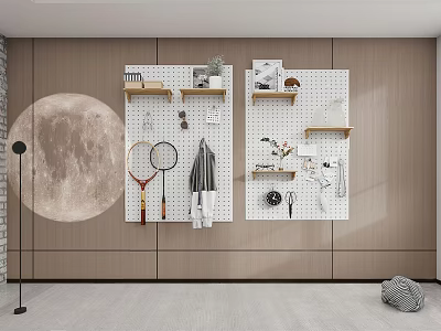 Round Moon Decoration And Pegboard Wall Decor On Wooden Wall With Shelf Badminton Racket Towel 3d model