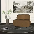 Modern Elegant Beige Velvet Armchair With Round Rug Floor Lamp And Tropical Wall Art
