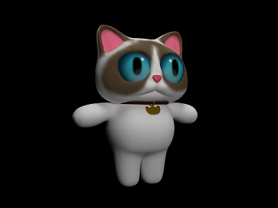 3D Cartoon Cat Brown White Big Blue Eyes Pink Ears Gold Heart Collar Black Background 3d model