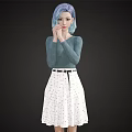 Woman With Blue Purple Hair Wearing Green Long Sleeve Top And White Polka Dot Skirt