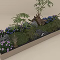 Indoor Landscape Decor With Green Plants Purple Blue Flowers Rocks Wooden Elements And Statues