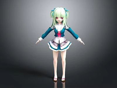 Anime Style Game Film Character With Green Hair Twin Tails And Blue White Uniform 3d model