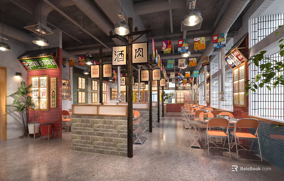 Traditional Style Restaurant Interior With Colorful Chinese Character Signs Brick Walls And Wooden Furniture 3d model 