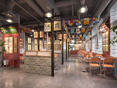 Traditional Style Restaurant Interior With Colorful Chinese Character Signs Brick Walls And Wooden Furniture 3d model