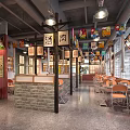 Traditional Style Restaurant Interior With Colorful Chinese Character Signs Brick Walls And Wooden Furniture