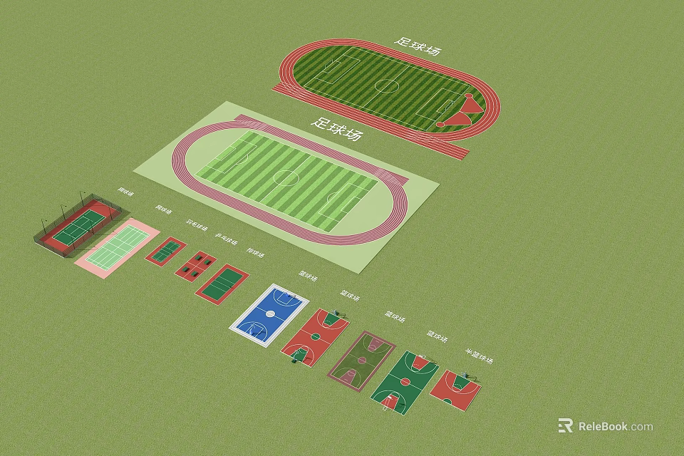 3D Aerial Football Field Layout With Running Track And Multiple Sports Courts 3d model 