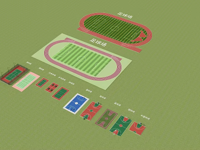 3D Aerial Football Field Layout With Running Track And Multiple Sports Courts 3d model