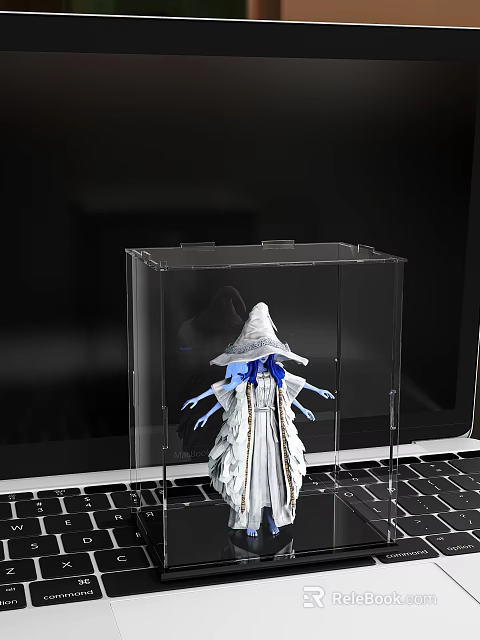 Doll With White Hat Blue Hair Blue Arms In Transparent Display Case On Laptop 3d model 