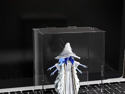 Doll With White Hat Blue Hair Blue Arms In Transparent Display Case On Laptop 3d model