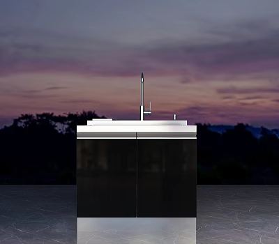 Modern Kitchen Sink With Faucet On Black Cabinet Against Purple Sky 3d model
