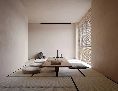 Minimalist Tea Room Interior With Bamboo Blinds Tatami Mats And Low Wooden Table 3d model