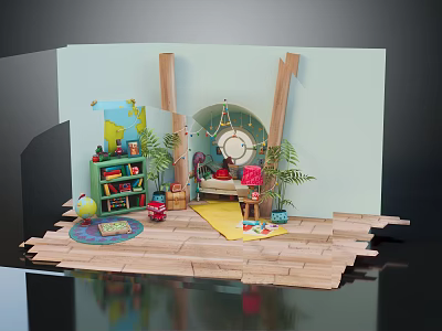 Cheerful Kids Playroom With Green Bookshelf Globe Toy Cars Rug Plants And Wooden Floor 3d model