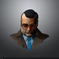 Male Character Head Portrait With Black Short Hair Red Sunglasses Brown Coat And Blue Tie