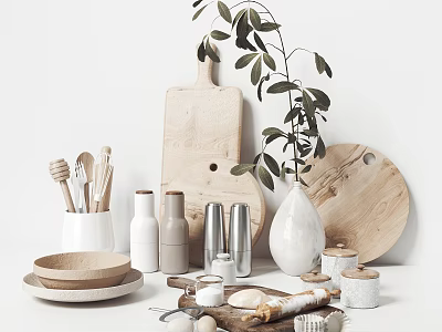 Natural Wooden Tableware Set with White Vase Silver Canisters and Cutting Boards for Kitchen Dining 3d model