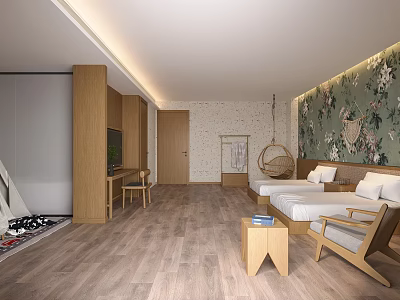 Hotel Room Interior Design With Twin Beds Floral Decorative Wall And Wooden Furniture Elements 3d model