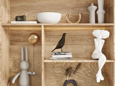Decorative Ornament Set on Wooden Shelf with Sculptures Figurines Camera Bowl and Dried Plants 3d model