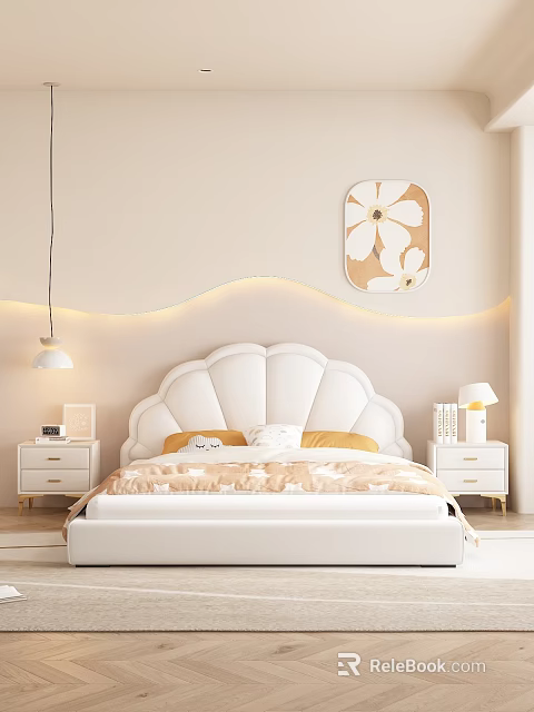 Cozy Bedroom Interior With White Shell Headboard Beige Walls Wavy LED Strip And White Flower Art 3d model 