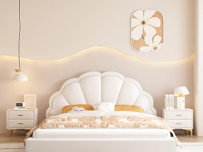 Cozy Bedroom Interior With White Shell Headboard Beige Walls Wavy LED Strip And White Flower Art 3d model