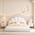 Cozy Bedroom Interior With White Shell Headboard Beige Walls Wavy LED Strip And White Flower Art