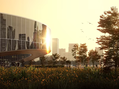 Modern Glass Facade Office Building With Sunset City Skyline Flower Field And Flying Birds 3d model