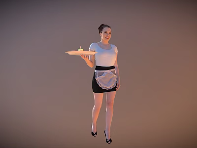Woman Holding Tray With Cake Wearing White Top Black Skirt And Apron 3d model