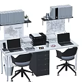 Modern Office Desk With Two Ergonomic Chairs Laptops File Cabinet Maps Shelf Folders and Plant